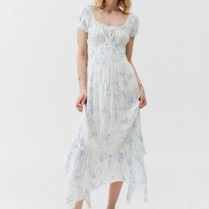 Urban Outfitters Kimchi Blue Suki Floral Midi White and Blue Dress
